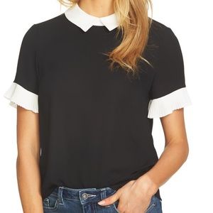 Medium Black and white Pleat Sleeve Collared Crepe Blouse